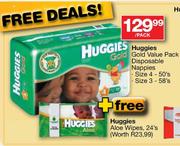  Pack Disposable Nappies Size 4-50's and Size 3-58's+FreeHuggies Aloe Wipes 24's-Per Pack
