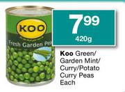 Koo Green/Garden Mint/Curry/Potato Curry Peas Each-420g