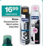 Nivea Deodorant For Men/Ladies Assorted-150ml Each