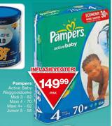 Pampers Active Baby Weggooidoeke Midi 3-82's, Maxi 4-70's, Maxi 4 plus-62's & Junior 5-58's Pak