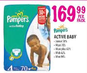 Pampers Active Baby Junior-58's, Maxi-70's, Maxi Plus-62's, Midi-82's & Mini-94's-Per Pack
