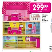 Wooden Doll's House With Furniture-Each