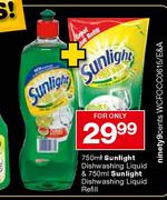 Sunlight Dishwashing Liquid-750ml + Sunlight Dishwashing Liquid Refill-750ml