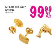 9ct Gold And Silver Earrings Banded-Per Pair