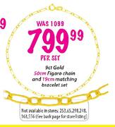 9ct Gold 50cm Figaro Chain And 19cm Matching Bracelet Set