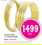 9ct Gold "C" Shaped Bangles-4mm Each