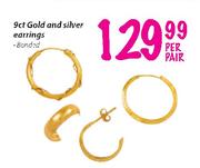 9ct Gold And Silver Earrings Banded-Per Pair