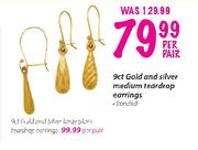 9ct Gold And Silver Large Plain Teardrop Earrings Banded-Per Pair