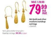9ct Gold And Silver Medium Teardrop Earrings Banded-Per Pair