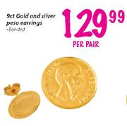 9ct Gold And Silver Peso Earrings Banded-Per Pair