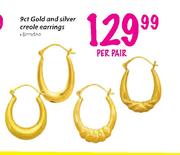 9ct Gold And Silver Creole Earrings Banded-Per Pair