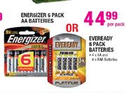 Energizer 6 Pack AA Batteries Or Eveready 8 Pack Batteries-Per Pack