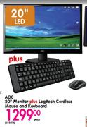 AOC 20" Monitor Plus Logitech Cordless Mouse And Keyboard Each