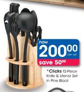Clicks 12-Piece Knife & Utensil Set In Pine Block-Per Set