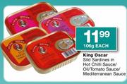King Oscar Sild Sardines in Hot Chilli Sauce/Oil/Tomato Sauce/Mediterranean Sauce-106g Each
