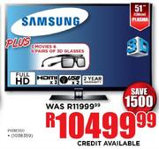 Samsung 51"(130cm) Plasma(PS51E550) plus 3 Movies & 6 Pairs of 3D Glasses