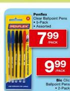 Penflex Clear Ballpoint Pens 5-Pack Assorted-Per Pack