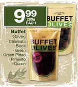 Buffet Olives Calamata Black/Green/Green Pitted/Pimento/Queen-200g Each