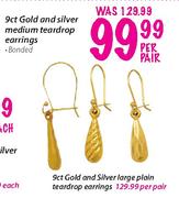 9ct Gold And Silver Medium Teardrop Earring-Per Pair