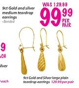 9ct Gold And Silver Large Plain Teardrop Earring-Per Pair