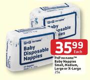 PnP No Name Baby Nappies Small, Medium, Large Or X-Large-25's Each