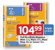 PnP Real Baby Nappies Midi-52's/Maxi-50's/Maxi Plus-48's/Junior-46's Each