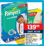 Pampers Active Baby Jumbo Pack Size 4+ 62's-Per Pack