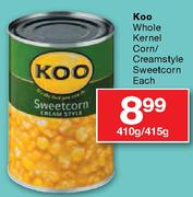 Koo Whole Kernel Corn/Creamstyle Sweetcorn-410g/415g Each