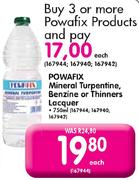 Powafix Mineral Turpentine, Benzine Or Thinners Lacquer-750ml Each