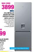 KIC Metallic Silver Bottom Freezer Fridge-314Ltr(KBF634 ME WTR)