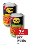 Koo Baked Beans In Chakalaka, Curry, Chilli Or Tomato & Herb-410g Each