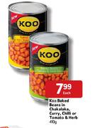 Koo Baked Beans In Chakalaka,Curry,Chill Or Tomato & Herb-410g Each