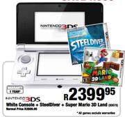 Nintendo3DS White Console+Steeldiver+Super Mario 3D Land 