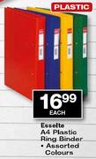 Esselte A4 Plastic Ring Binder Assorted Colours-each