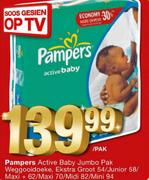 Pampers Active Baby Jumbo Pak Weggooidoeke,Ekstra Groot 54/Junior 58/Maxi+62/Maxi 70/Midi 82/Mini 94