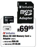 Verbatim Micro SD 16GB Memory Card + Adapter