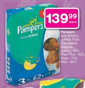 Pampers Active Baby Jumbo Pack Disposable Nappies Maxi-70's Per Pack