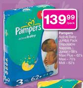 Pampers Active Baby Jumbo Pack Disposable Nappies Maxi Plus-62's Per Pack