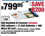 Bell Handheld A4 Scanner Includes: OCR Software + 12 AAA Batteries + 4GB Micro SD Card