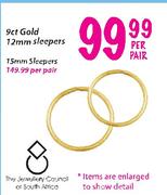 9ct Gold 12mm Sleepers-Per Pair