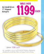 9ct Gold 4mm 'C' Shaped Bangles-Each