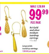 9ct Gold & Silver Medium Teardrop Earring-Per Pair 