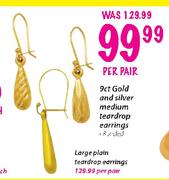 9ct Gold & Silver Large Plain Teardrop Earring-Per Pair