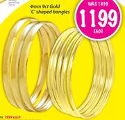 4mm 9ct Gold C Shaped Bangles-Each