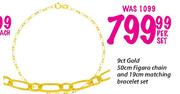 9ct Gold 50cm Figaro Chain & 19cm Matching Bracelet Set