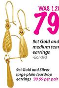 9ct Gold & Silver Plain Teardrop Earring-Per Pair