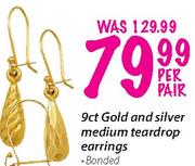 9ct Gold & Silver Medium Teardrop Earring-Per Pair