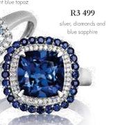 9ct Silver,Diamonds And Blue Sapphire