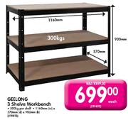 Geelong 3 Shelve Workbench-1160mm(W)X570mm(D)X900mm(H) Each