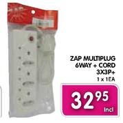 Zap Multiplug 6 Way + Cord 3 x 3P +-Each